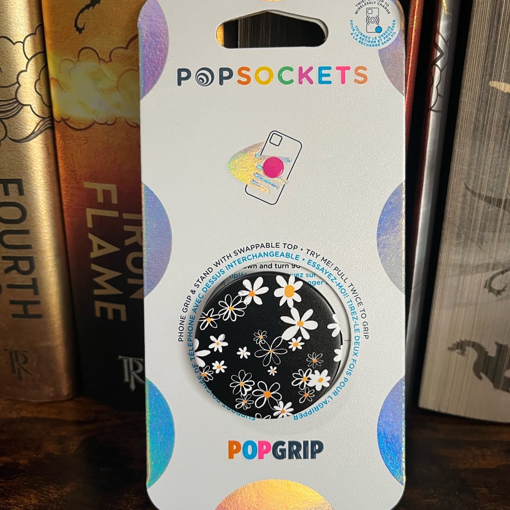 PopSocket PopGrip Black Daisy Chain with White and Yellow Floral Design